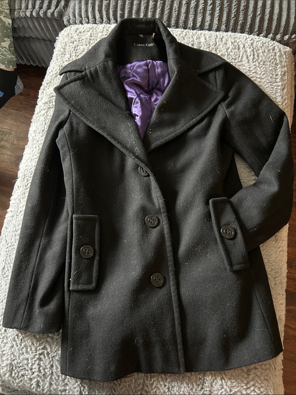 Calvin Klein Black Wool-Blend Pea Coat with Purple Lining